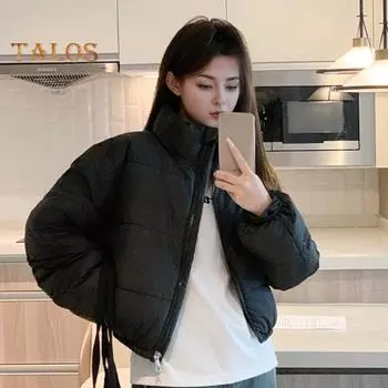 Зимнее женское стеганое пальто с утолщенной застежкой-молнией, воротником-стойкой, защитой шеи, длинными рукавами, однотонным ветрозащитным, сохраняющим тепло, для отдыха на открытом воздухе, пуховое M кофейный