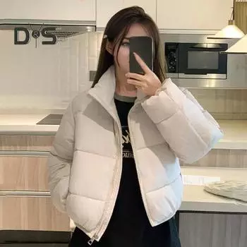 Зимнее женское стеганое пальто с утолщенной застежкой-молнией, воротником-стойкой, защитой шеи, длинными рукавами, однотонным ветрозащитным, сохраняющим тепло, для отдыха на открытом воздухе, пуховое M хаки