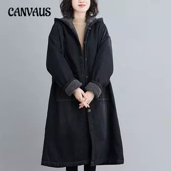 Зимнее женское утепленное хлопковое пальто больших размеров, свободная куртка средней длины с капюшоном M чёрный