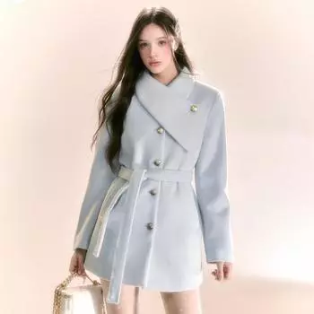 Зимнее женское утепленное синее шерстяное пальто S синий