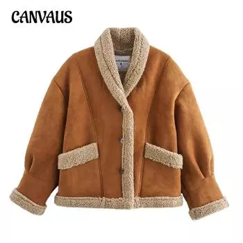 Зимнее женское винтажное замшевое пальто с большим карманом и вышивкой, короткое, теплое S бронзовый