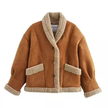 Зимнее женское винтажное замшевое пальто с большим карманом и вышивкой, короткое, теплое S бронзовый