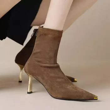 Зимние эластичные ботинки из флока Krazing Pot на тонком высоком каблуке-шпильке с застежкой-молнией, женские ботильоны из флока 34 чёрный