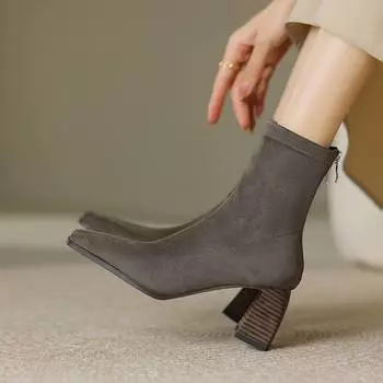 Зимние эластичные ботинки из флока Krazing с квадратным носком на толстом высоком каблуке и молнии, женские ботильоны из флока 34 чёрный