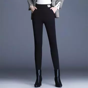 Зимние эластичные брюки с высокой талией, узкие женские толстые кашемировые брюки из овчины, теплые бархатные модные леггинсы, брюки-карандаш S чёрный