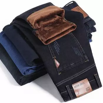 Зимние эластичные флисовые и хлопковые/плотные джинсы прямого покроя, теплые мужские брюки, повседневные свободные брюки 29