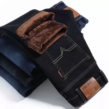 Зимние эластичные флисовые и хлопковые/плотные джинсы прямого покроя, теплые мужские брюки, повседневные свободные брюки 28