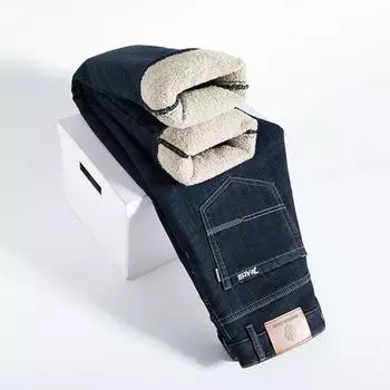 Зимние эластичные прямые брюки мужские мешковатые джинсы из овечьего пуха деловые повседневные флисовые мягкие джинсовые брюки мужские большого размера 40 26 чёрный