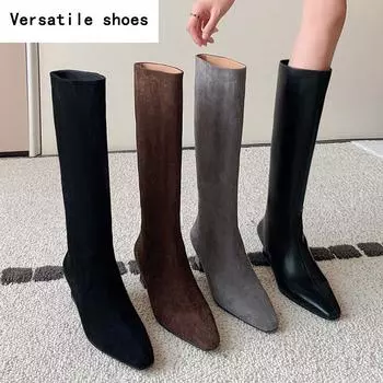 Зимние эластичные современные женские сапоги до колена, модные длинные сапоги, дизайнерские сапоги на низком каблуке, Botas De Mujer 35