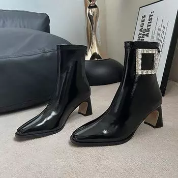 Зимние эластичные тонкие сапоги с квадратной пряжкой и стразами. Короткие сапоги с квадратной головкой. Сапоги на высоком каблуке. Женские сапоги на толстом среднем каблуке. 34