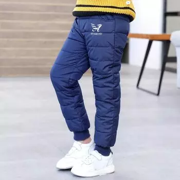 Зимние бархатные детские брюки с высокой талией, штаны с подкладкой на лыжном пуху, теплые утепленные пуховые штаны для мальчиков и девочек 100 чёрный