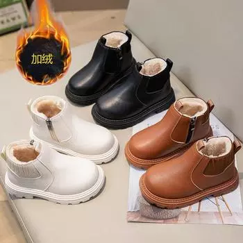 Зимние бархатные детские модные британские короткие ботинки для мальчиков с боковой молнией модные ботинки Martin для девочек с мягкой подошвой модные ботинки обувь 21-26 yards whole box shot 48 pairs чёрный