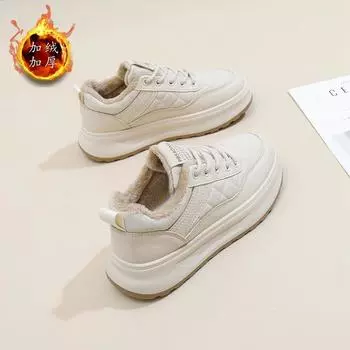 Зимние бархатные маленькие белые туфли 2024 года, новая корейская версия, женские студенческие спортивные туфли на платформе, повседневная обувь WS1505 35 хаки