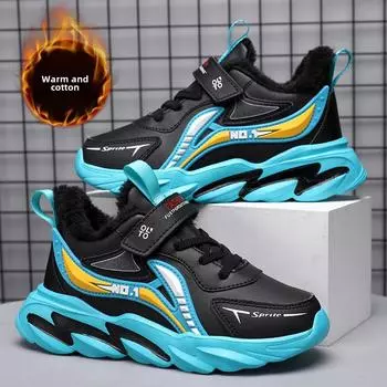 Зимние бархатные нескользящие спортивные туфли для мальчиков 2023 года — утолщенный хлопок, стильные, для детей среднего и большого возраста 34