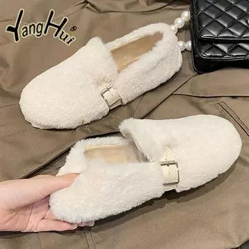 Зимние бархатные шерстяные балетки с сохранением тепла 2024 года, новые повседневные лаконичные ленивые туфли из искусственного меха в корейском стиле на плоской подошве для женщин 35