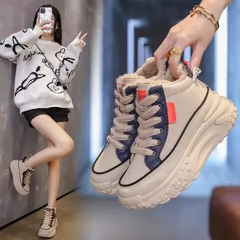 Зимние бархатные теплые хлопковые туфли на толстой подошве для женщин в корейском стиле с высоким берцем, модные студенческие повседневные спортивные женские туфли 35 хаки
