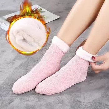 Зимние бархатные теплые носки, утепленные дышащие шерстяные зимние сапоги, носки, мягкие эластичные домашние носки-тапочки One size бежевый