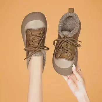 Зимние бархатные теплые женские туфли на толстой подошве в стиле ретро из кожи со шнуровкой на каждый день 2024 года 35 жёлтый/коричневый