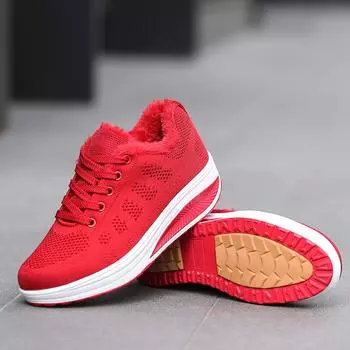 Зимние бархатные туфли-качалки на платформе 2021 года, женская нескользящая и универсальная повседневная обувь на шнуровке, термообувь для спорта 35 красный