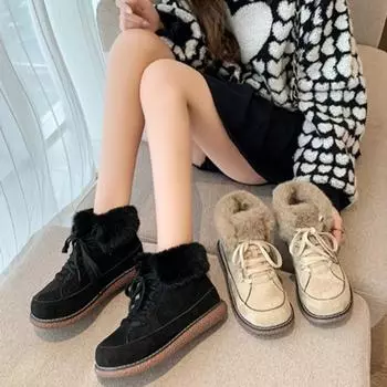 Зимние бархатные утолщенные круглые ботинки на шнуровке для снега на платформе короткие теплые ботинки из хлопка на шнуровке с низким голенищем женские 35 чёрный