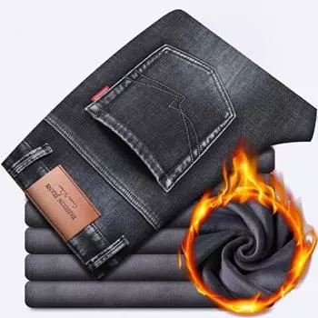 Зимние бархатные утолщенные/обычные джинсы с защитой от кражи, мужские свободные прямые брюки, эластичные теплые мужские брюки 28