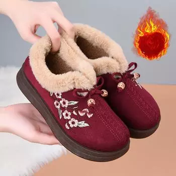 Зимние бархатные утолщенные теплые туфли для мам среднего и пожилого возраста, женские хлопковые туфли на плоской подошве, нескользящие 35 чёрный