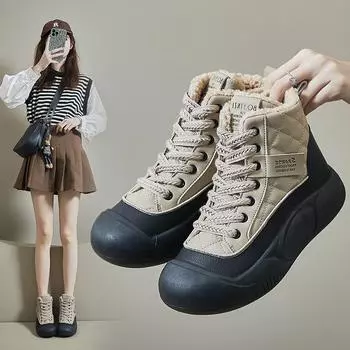 Зимние бархатные высокие белые кроссовки 2024 года, новый корейский стиль для студенток, модная повседневная обувь на толстой подошве XFL30. 40 серый