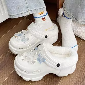 Зимние бархатные женские сабо на открытом воздухе, теплые, плюшевые, на платформе, дизайнерские туфли, женские, модные, белые, увеличивающие рост, женские домашние тапочки 36-37