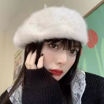 Зимние береты из искусственного меха кролика, женские шляпы французского художника, однотонные мягкие береты для девушек, модные береты из шерсти на плоской подошве M 56-58cm белый