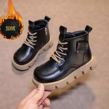 Зимние ботильоны для девочек, ботинки для мальчиков, детские уличные меховые теплые пинетки для детей унисекс EU:27 чёрный