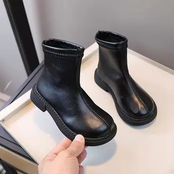 Зимние ботильоны для девочек, черные, коричневые, кожаные, подарок на Рождество и день рождения, детские ботиночки до середины голени для детей EU:27 чёрный