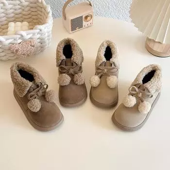 Зимние ботильоны для девочек, милые, шикарные, мягкие, детские, зимние ботинки с меховым шариком, теплые, универсальные, детские, модные, хлопковые ботинки с круглым носком 21 хаки