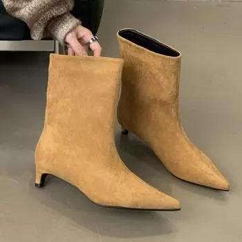 Зимние ботильоны с острым носком из флока, женские, на тонком низком каблуке, короткие ботильоны, женские, ретро-дизайнерские, широкие, простые, короткие, женские 35