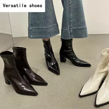 Зимние ботильоны с острым носком женские толстые высокие каблуки короткие ботильоны свадебная обувь Zapatos De Mujer 35