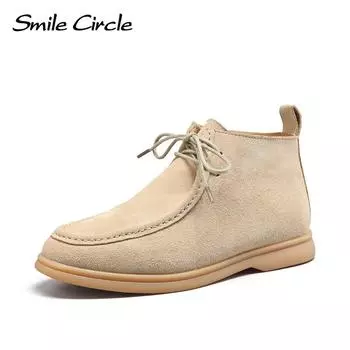 Зимние ботильоны, женская замшевая повседневная обувь из натуральной кожи на плоской подошве со шнуровкой, женские ботинки