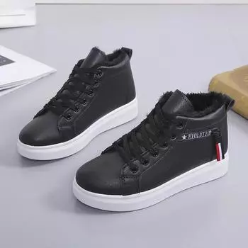 Зимние ботинки 2023, женские ботильоны, теплая зимняя женская обувь из искусственной кожи с плюшем, кроссовки на плоской подошве, женская обувь на шнуровке, женские короткие зимние сапоги 35 чёрный