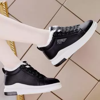 Зимние ботинки 2024 года, женские ботильоны, теплые зимние ботинки из искусственной кожи, кроссовки, туфли на плоской подошве, женская обувь на шнуровке, короткие зимние ботинки 35 чёрный