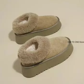 Зимние ботинки 2025 года, теплые ботинки на толстой подошве, женские зимние туфли на плоской подошве, короткие повседневные туфли на щиколотке из плюша и меха, спортивные замшевые ботинки для мотоциклистов 35 бежевый