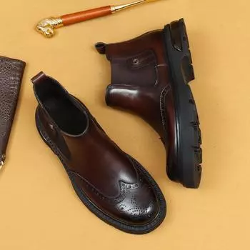 Зимние ботинки челси мужские кожаные деловые повседневные толстые на воздушной подушке британские резные Brock 38 чёрный