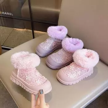 Зимние ботинки для девочек с толстой подошвой, блестящие стразы, зимние детские теплые хлопковые туфли с цветами, детские сапоги принцессы, нескользящие 23 фиолетовый