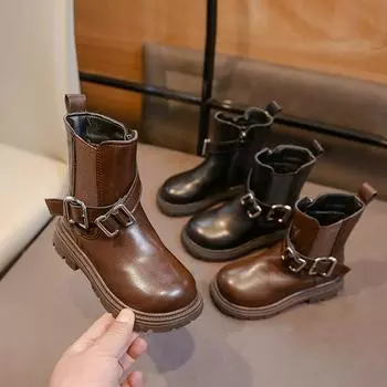 Зимние ботинки для девочек с толстой подошвой, черные, коричневые, детские модные ботинки, теплые, плюшевые, детские, повседневные, хлопковые, школьные, универсальные, нескользящие 26 чёрный