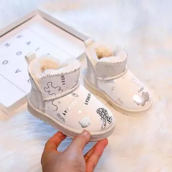 Зимние ботинки для девочек, зимняя детская обувь с флисовой подкладкой, водонепроницаемая обувь 19 белый