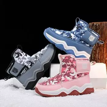 Зимние ботинки для мальчиков, камуфляжные розовые зимние ботинки для девочек, детские ботинки, школьные ботинки для школьников, синие, черные, теплые ботинки с мехом EU: 38 чёрный