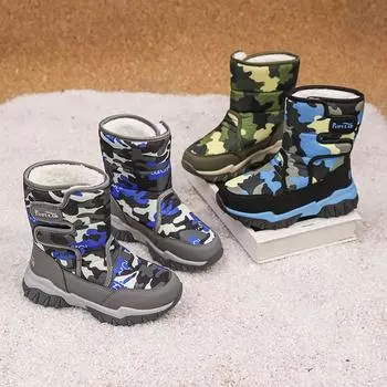 Зимние ботинки для мальчиков Зимние ботинки для девочек Детские камуфляжные ботинки с хлопковой подкладкой Теплые ботинки с мехом EU: 31 синий