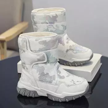 Зимние ботинки для мальчиков, зимние ботинки для девочек, детские, камуфляжные, белые, с хлопковой подкладкой, теплые ботинки с мехом EU: 31 чёрный