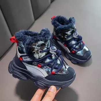 Зимние ботинки для мальчиков Зимние ботинки для девочек Детские ботинки для школьников Кроссовки с хлопковой подкладкой Туфли Теплые ботинки с мехом EU: 31 синий
