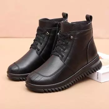 Зимние ботинки для снега из натуральной кожи, женская обувь, женские ботильоны на шнуровке, толстые плюшевые, теплые, водонепроницаемые, нескользящие, для мам 35 чёрный