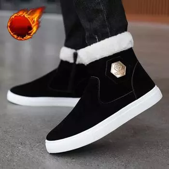 Зимние ботинки для снега, мужские повседневные ботинки без застежек, теплые меховые удобные кроссовки, нескользящие плоские ботинки, мужская обувь Zapatos Hombre 39 чёрный
