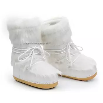 Зимние ботинки для снега, пушистые женские ботинки с мехом, длиной до середины голени, на платформе и плоском каблуке, белые лыжные ботинки, плюшевые теплые хлопковые туфли со шнуровкой 35-36 (23-23.5cm)