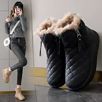 Зимние ботинки для снега с толстой подошвой и боковой цепочкой, теплые и удобные ботинки для снега для женщин 35 чёрный